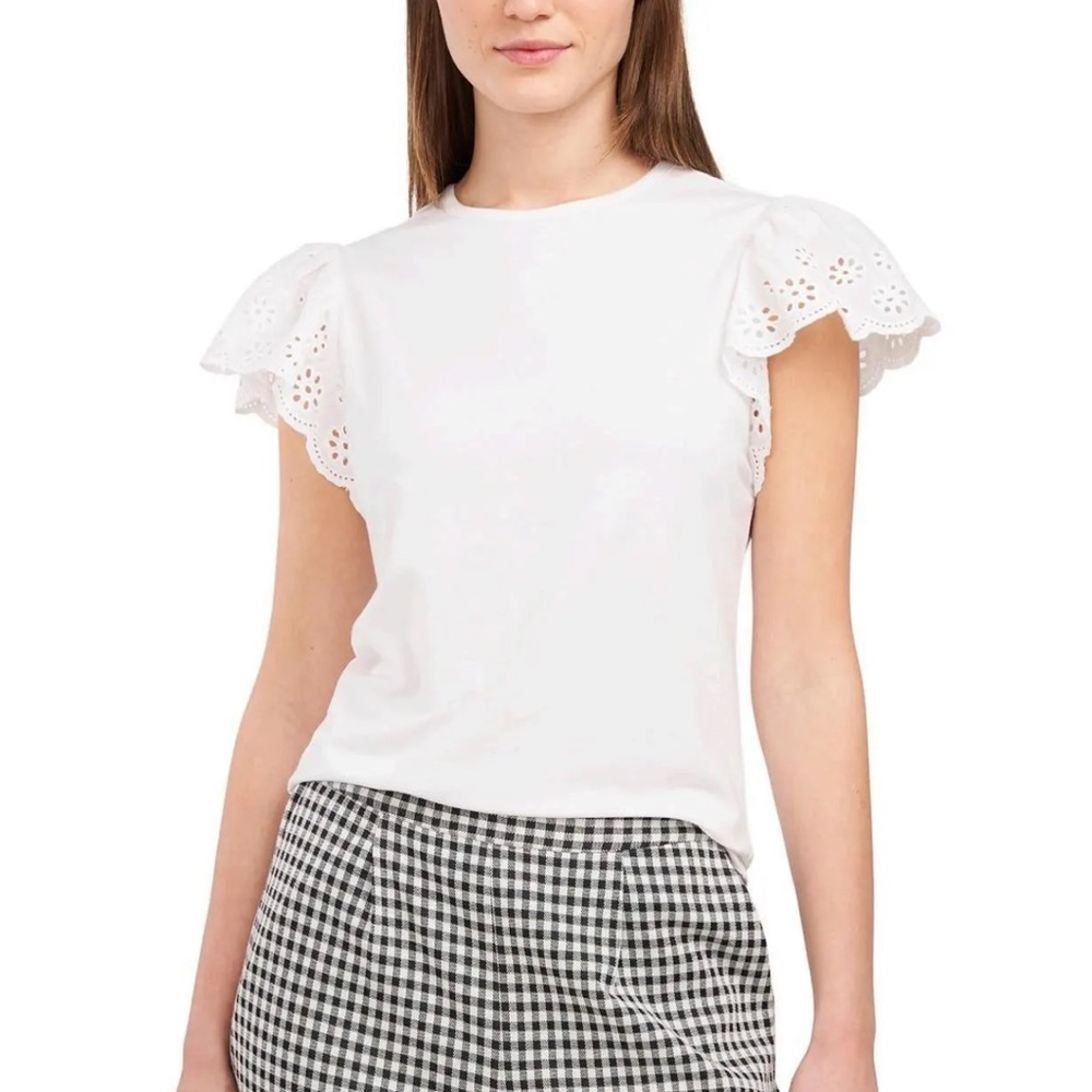 RILEY & RAE Mae Eyelet-Sleeve Crew Neck Top White Size XL
